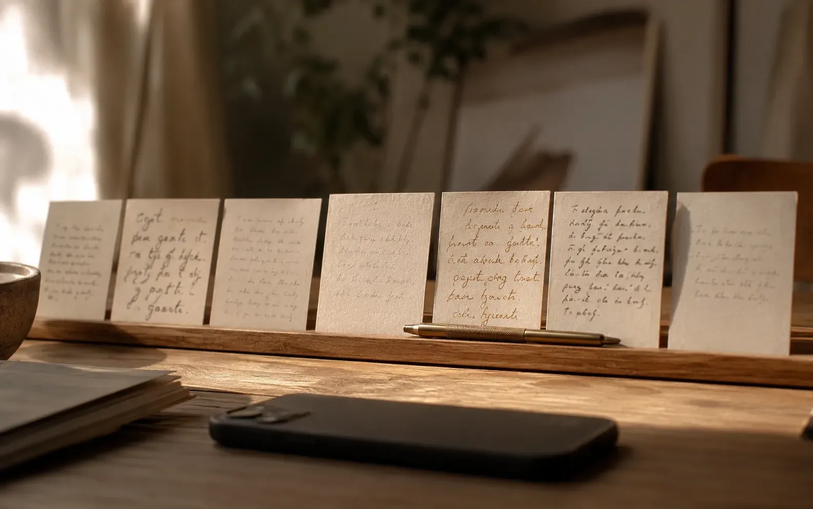 Seven cards standing in a wooden holder, each written in a visibly different hand, with a phone lying face down beside them.