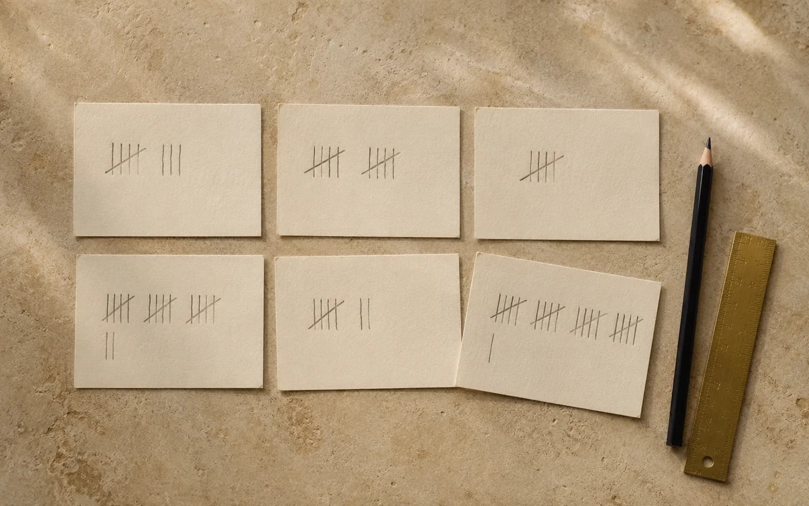 Six small cards laid in two rows, each carrying a short column of pencil tally marks, with a pencil and a brass ruler beside them.