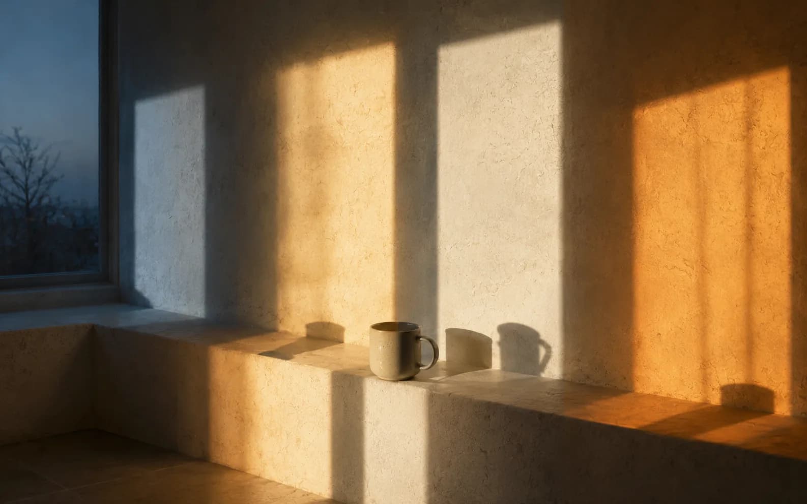 One corner of a room lit by four different times of day at once, a single cup on the sill casting four shadows.