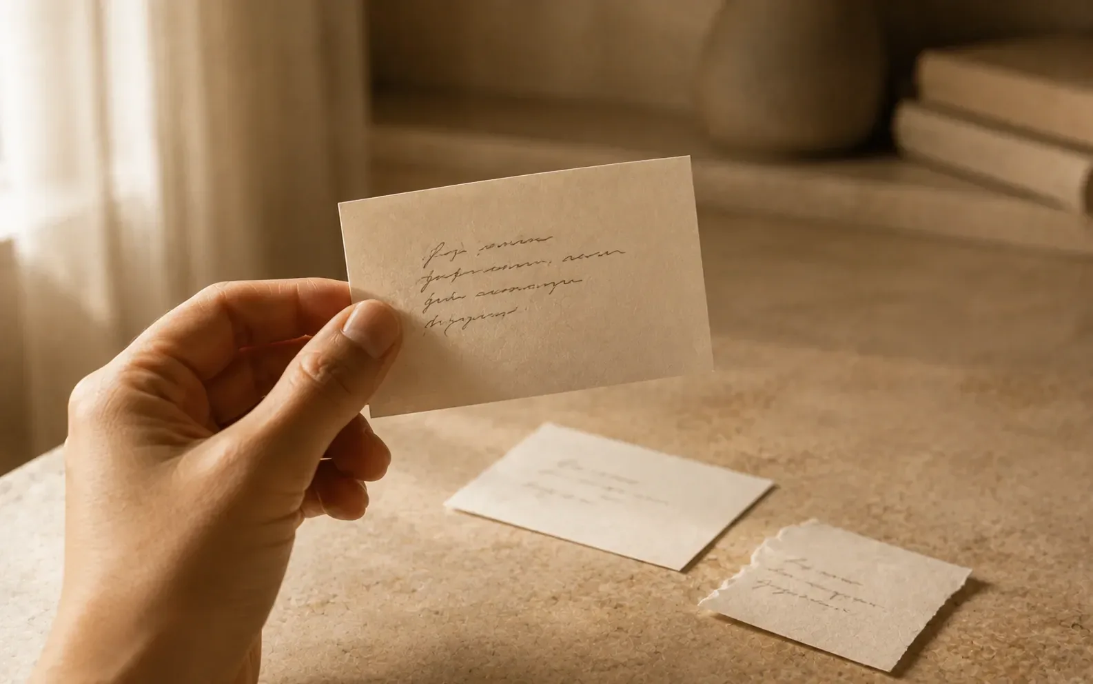 A hand holding one small handwritten card up to check it, with a second card discarded on the surface below and a third torn in half.