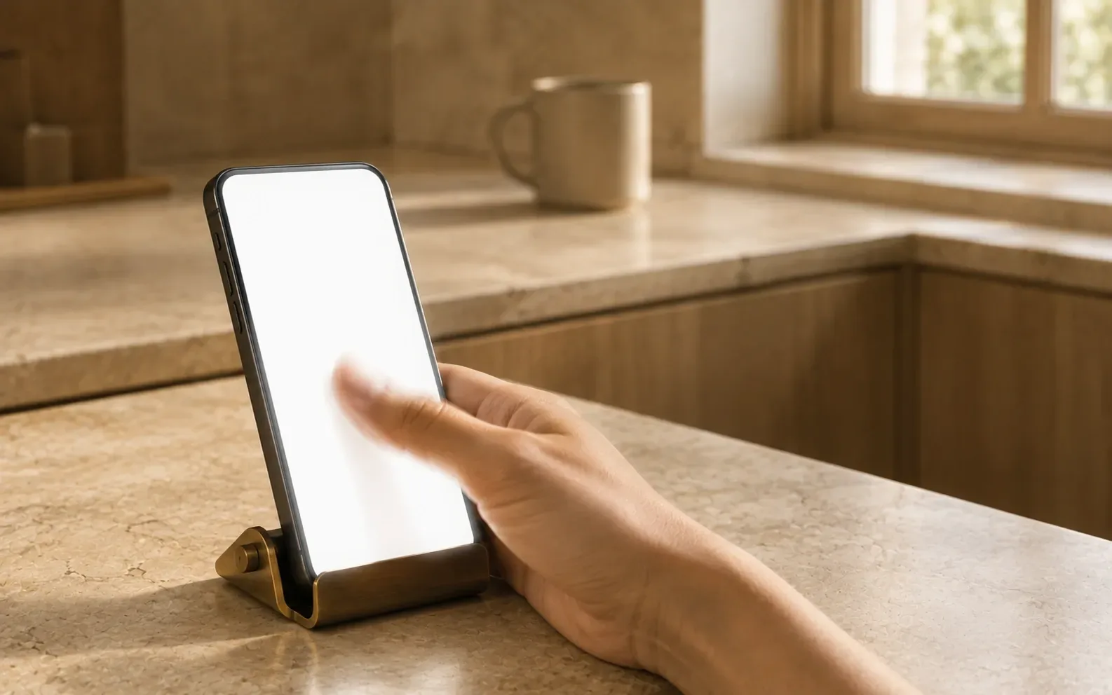 A hand with the thumb caught mid swipe across a phone standing on a kitchen counter, the screen a bright blur.