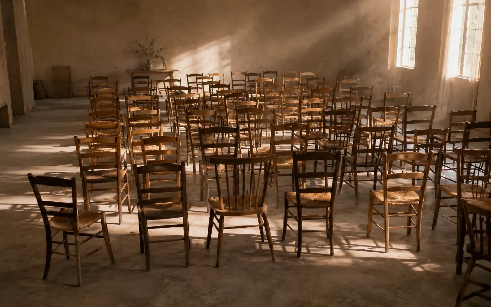 Rows of plain mismatched chairs receding across a room in warm daylight, every one of them empty.