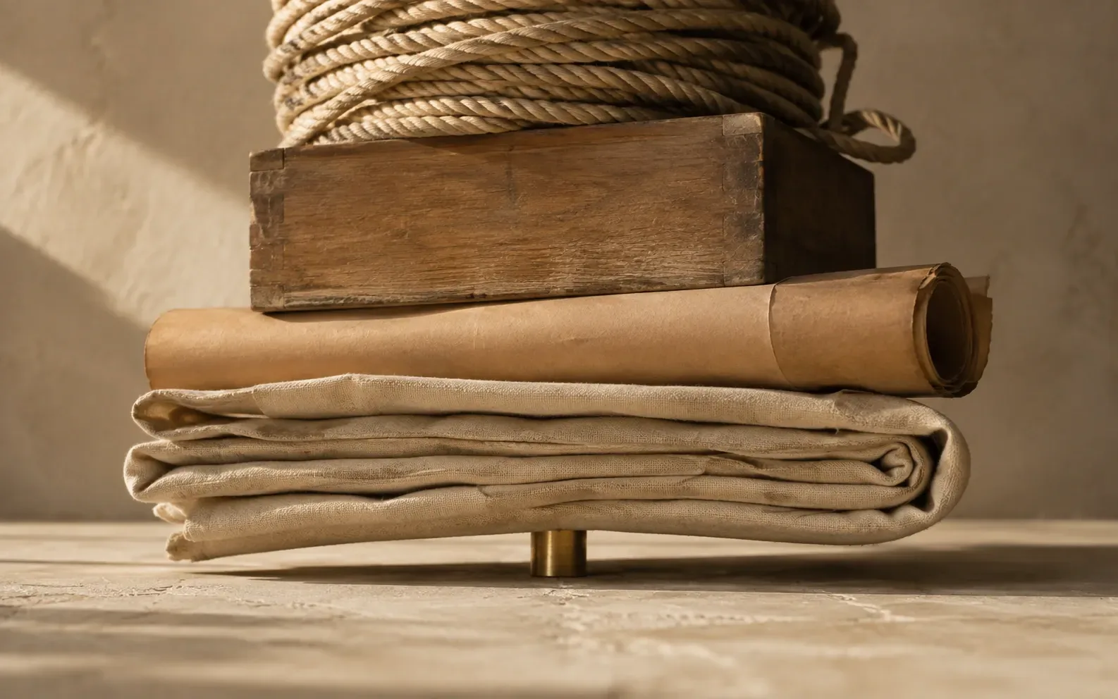 One small brass weight on a stone surface with a folded canvas, a roll of kraft paper, a wooden box and a coil of rope piled around and above it.