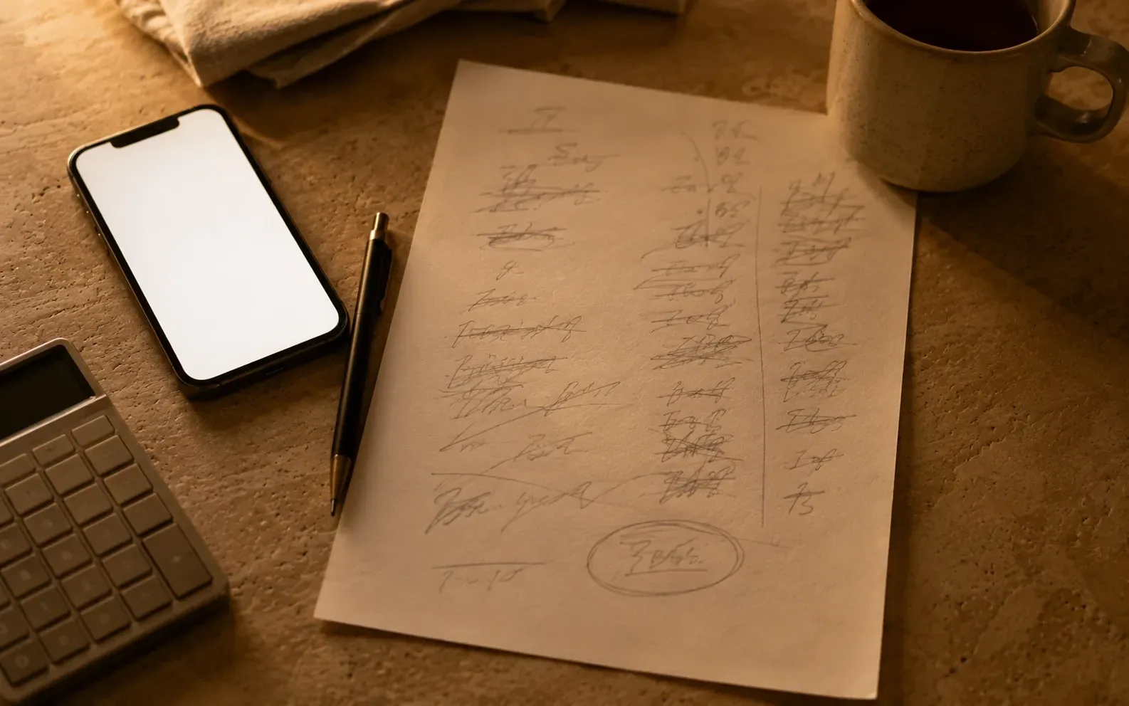 A rate being worked out by hand on paper at a kitchen table, the sheet covered in crossings out with one result circled, a phone and a calculator beside it.