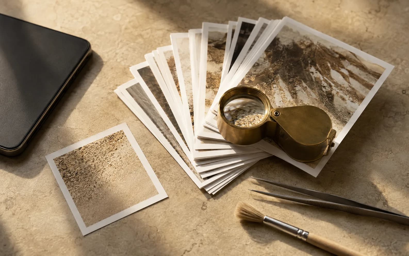 A fan of small prints on a stone surface with a jeweller's loupe resting open on one of them, a soft brush and a phone beside them.