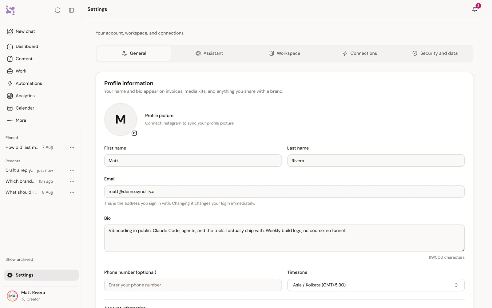 The Synclify settings screen, where the account, the connection and the export of everything stored live in one place.