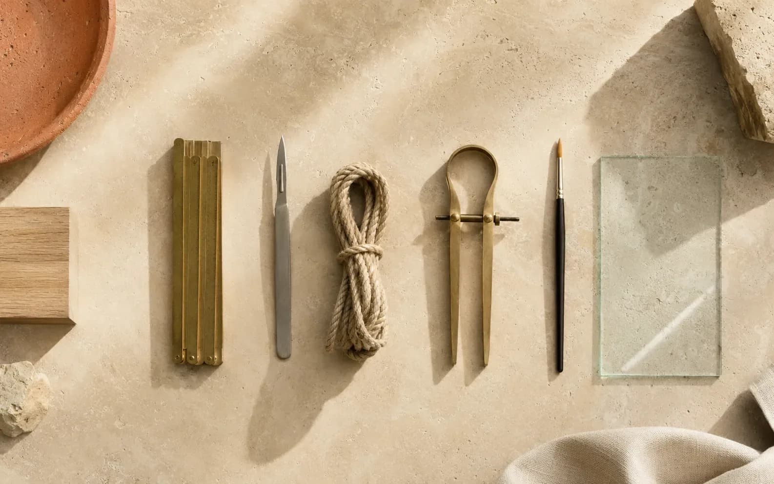 Four different hand tools laid in a row on stone, each one beside a material it plainly cannot work on.