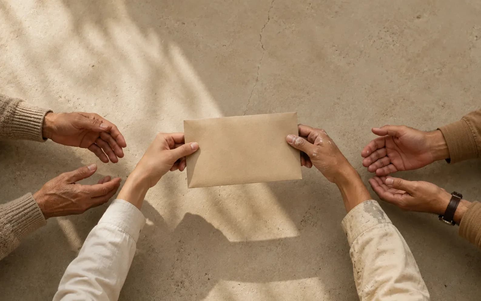 One kraft envelope passed along a line of four different pairs of hands, held between two of them mid pass.