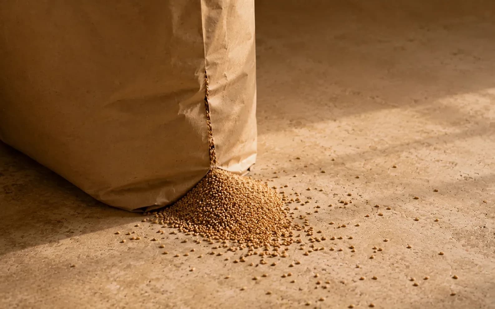 A kraft sack standing on a stone floor with a fine split in one seam, a small pile of grain gathered against it and a scatter of loose grains trailing away.