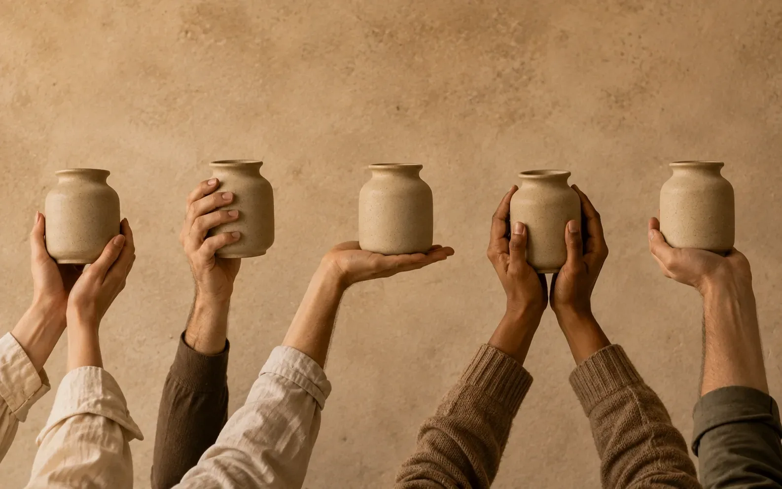 The same plain ceramic jar held out by five different pairs of hands, each of them holding it a different way.
