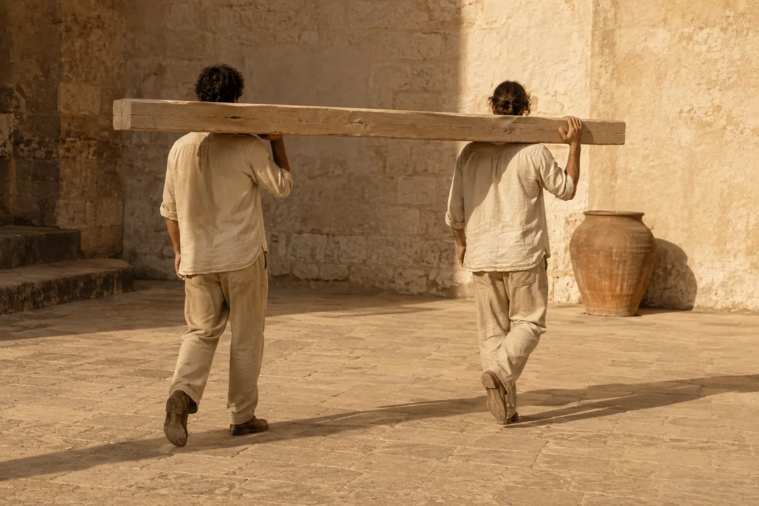 Two people seen from behind carrying one long plank between them along a stone courtyard, the load level across both shoulders.