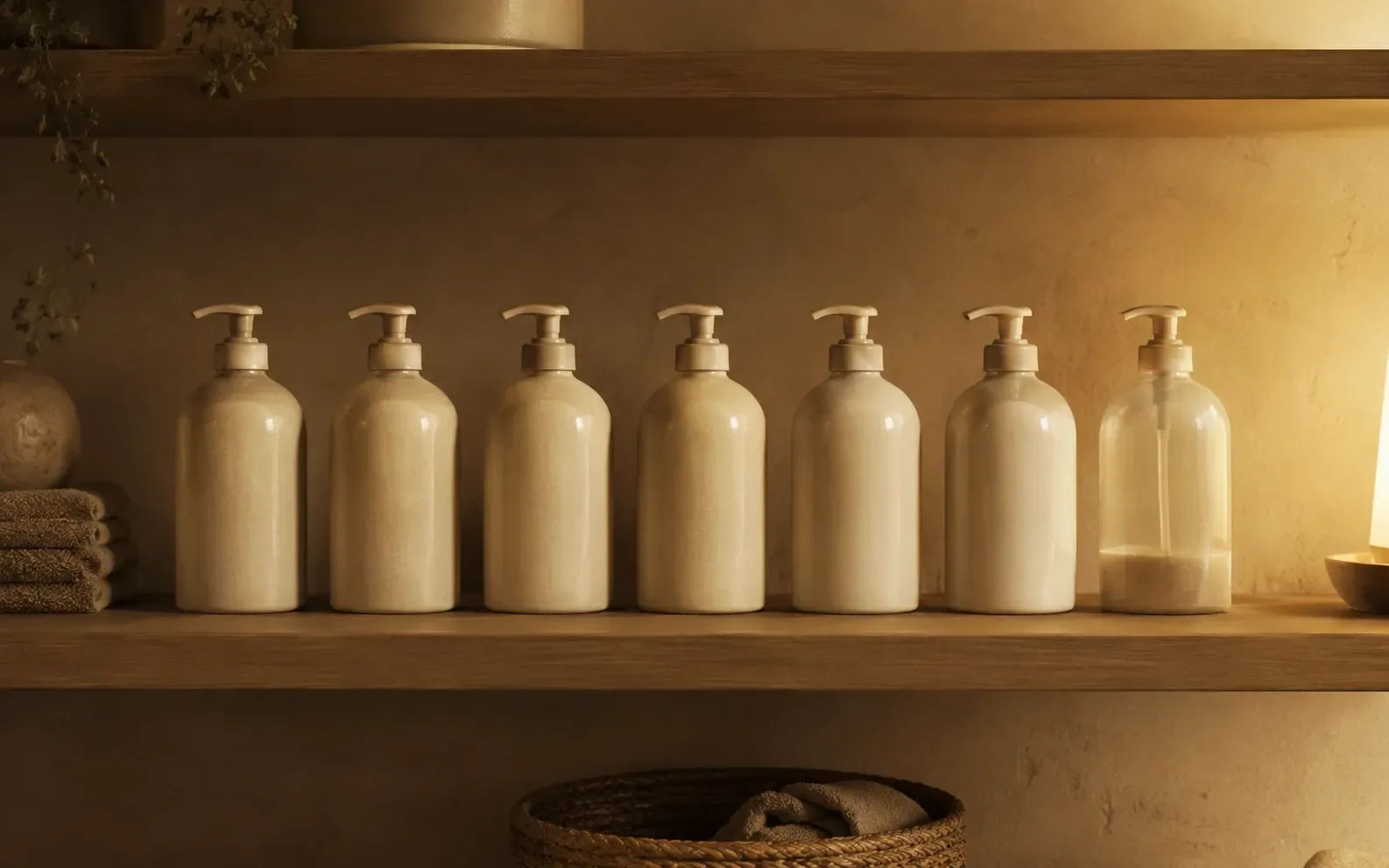Seven identical unbranded bottles standing in a line on a shelf in warm evening light, one of them nearly empty.