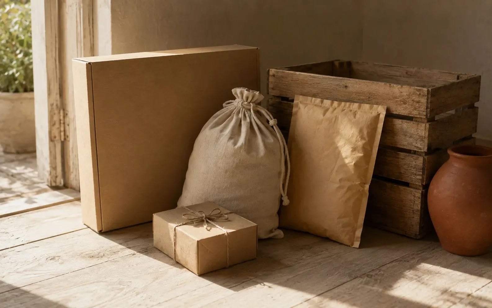 Five parcels of five different kinds standing together on a wooden floor: a tied box, a flat box, a cloth bag, a padded envelope and a crate.