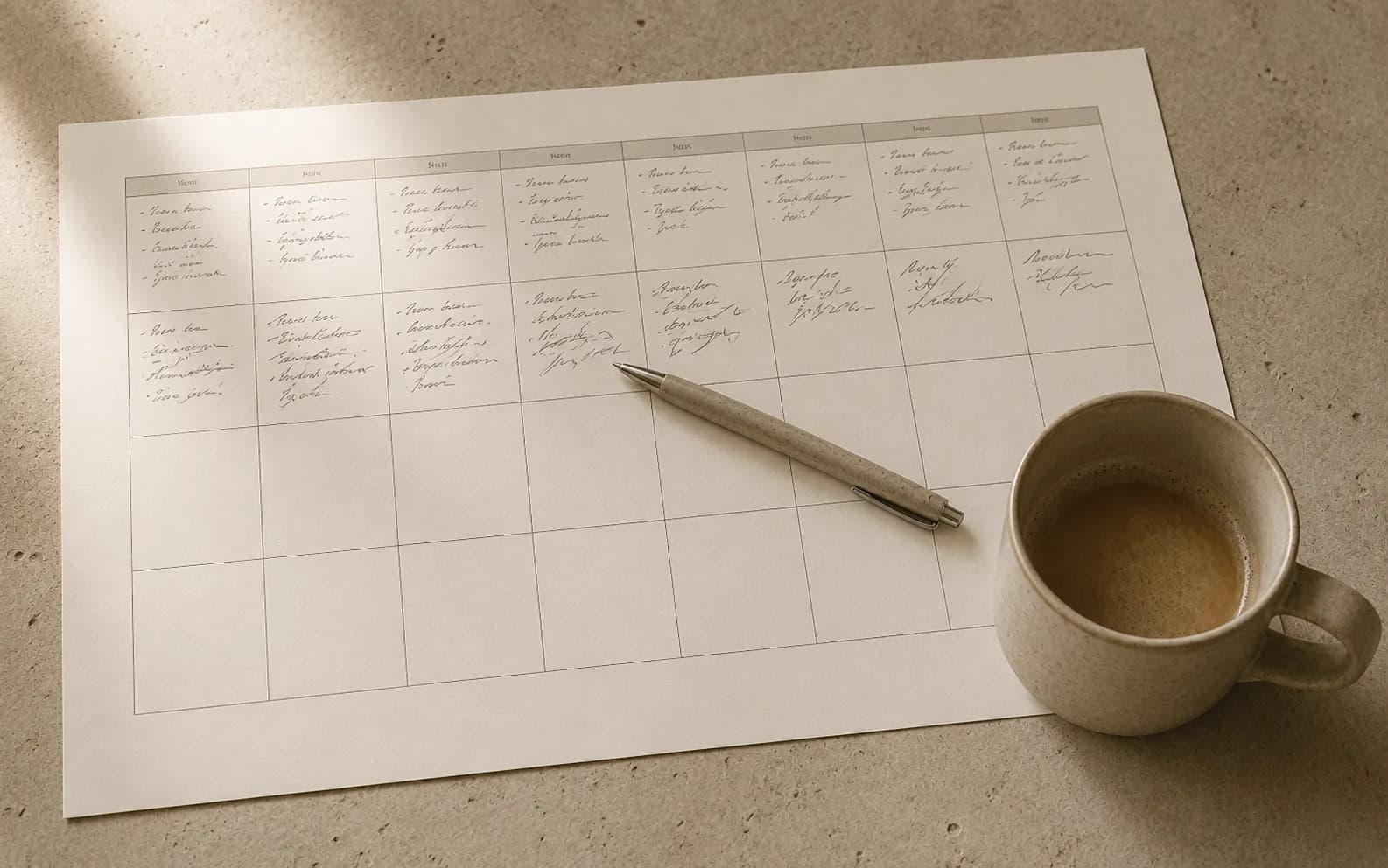 A large printed month grid where the first eight or nine cells are filled in by hand and the rest are completely empty, with a pen lying where the writing stops.