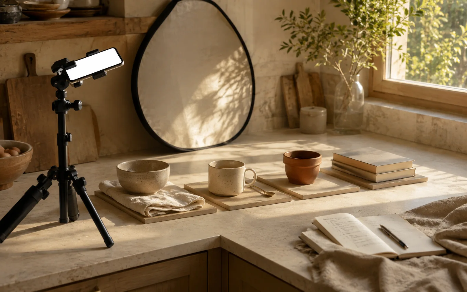 A kitchen counter set up as a small shooting set, a phone on a tripod at one end and four still life setups queued along it waiting their turn.