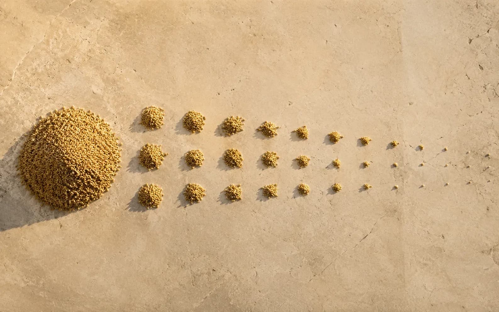 One large heap of grain on a stone surface with about twenty far smaller piles spreading away from it, the last few only a scatter.