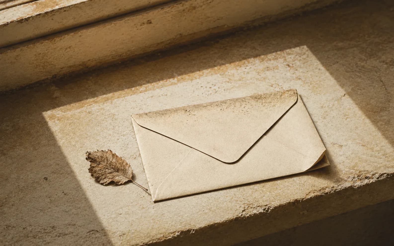 A cream envelope left on a stone windowsill long enough for the sun to bleach a paler rectangle around it, with dust along its top edge and a dead leaf blown against it.