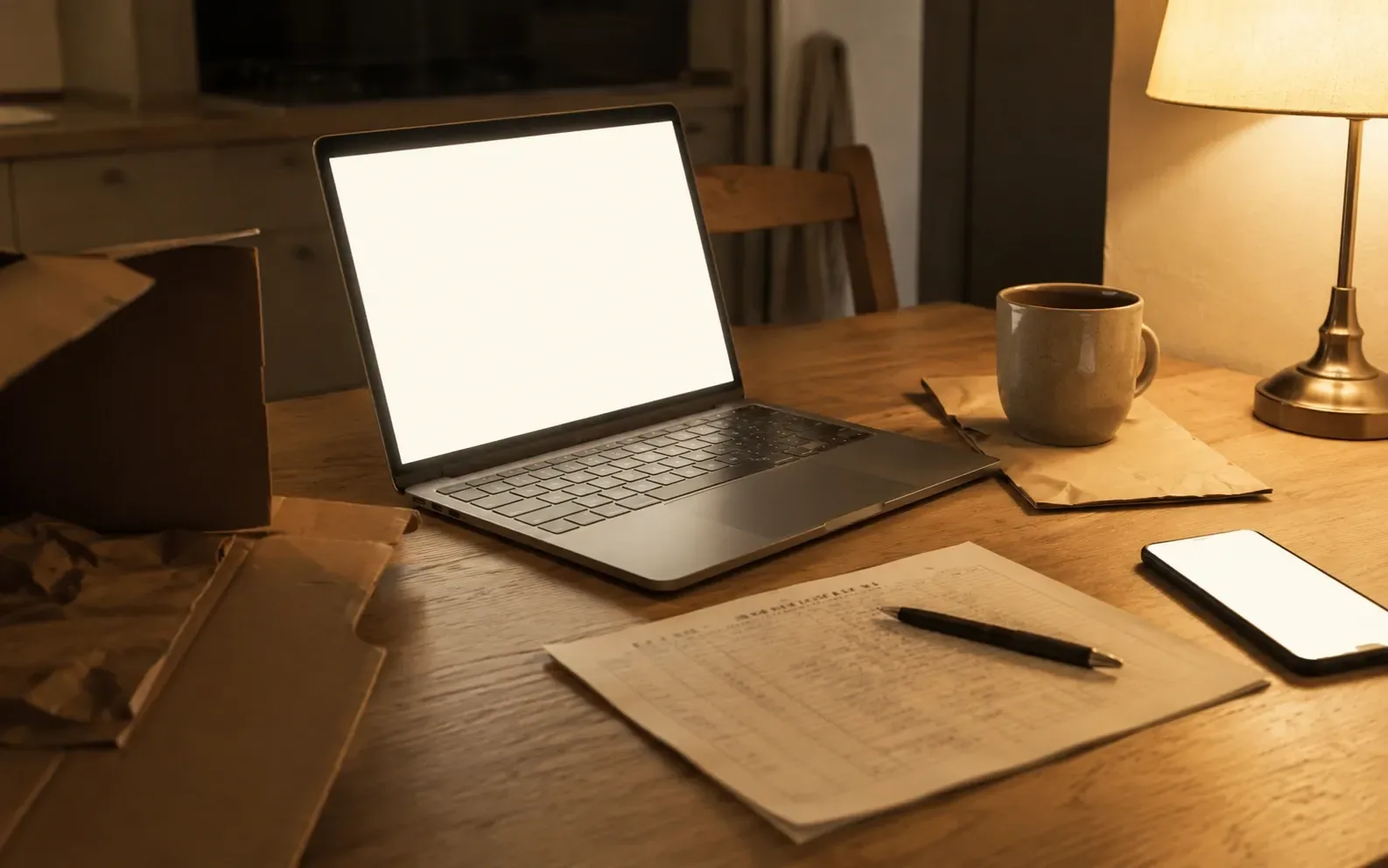 A kitchen table late in the evening with a laptop open, a phone face up beside it, a printed delivery note held down by a mug and an opened parcel at the edge.
