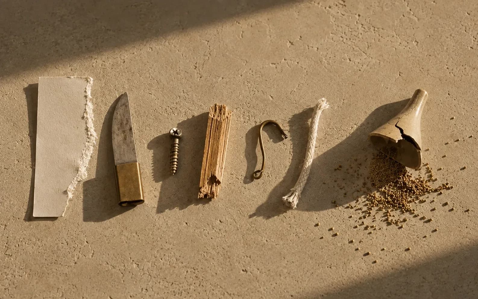 Four pairs on a stone surface, each a tool beside the thing it damaged: a blunt blade and torn paper, a stripped screw and split wood, a bent hook and a snapped cord, a cracked funnel and spilled grain.