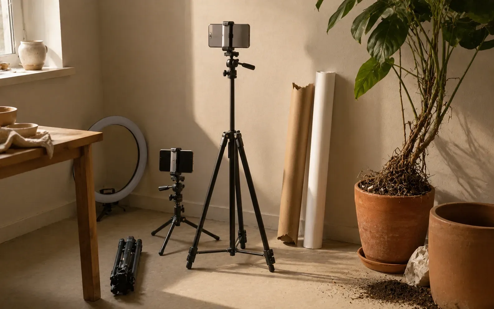 A shooting corner with a phone clamped to a tripod, a ring light against the wall, two backdrop rolls and a plant that has outgrown its terracotta pot.