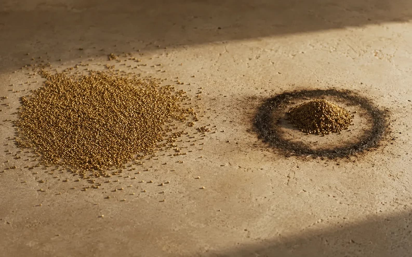Two quiet failures side by side on stone: a large heap of grain poured out and spread thin, and a much smaller pile sitting inside a ring of scorch.