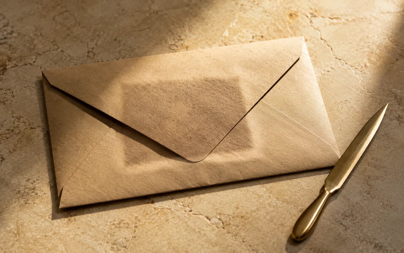 A sealed kraft envelope on stone with strong light behind it, the shape of something inside faintly suggested through the paper, and an unused brass opener beside it.