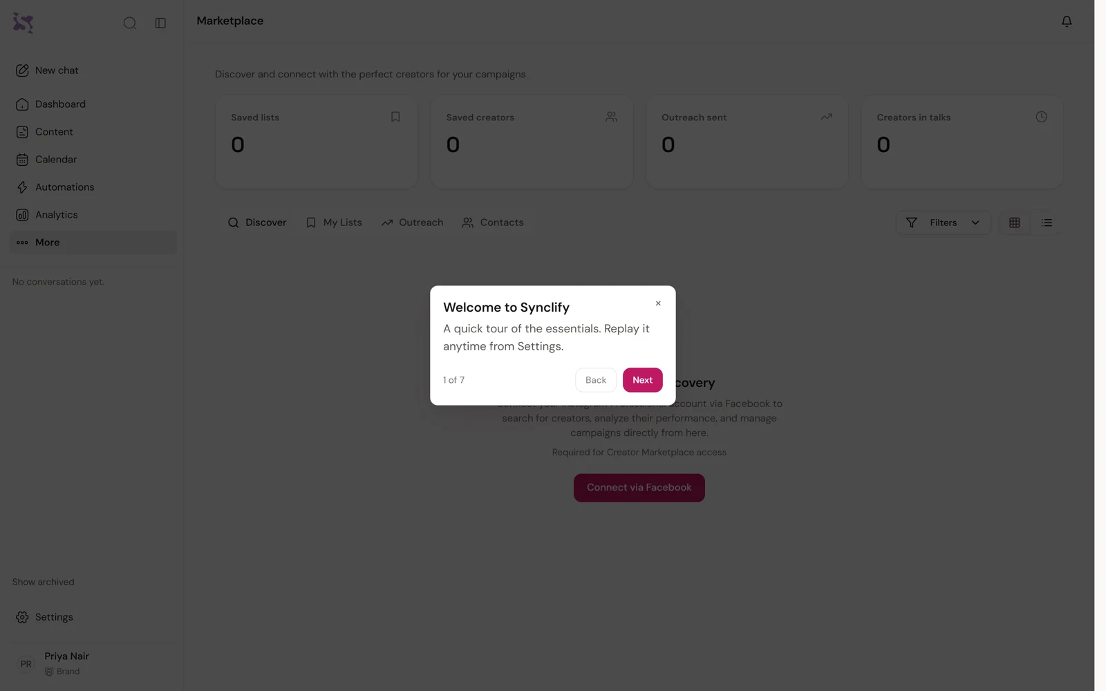 The Synclify marketplace as a brand sees it, listing creators with the public numbers a brand can act on and nothing it cannot verify.