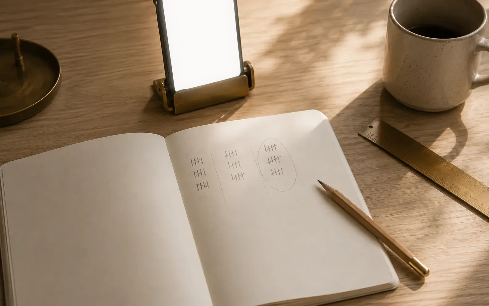 A phone standing in a small brass stand beside an open notebook where three short columns of pencil tally marks have been kept by hand.