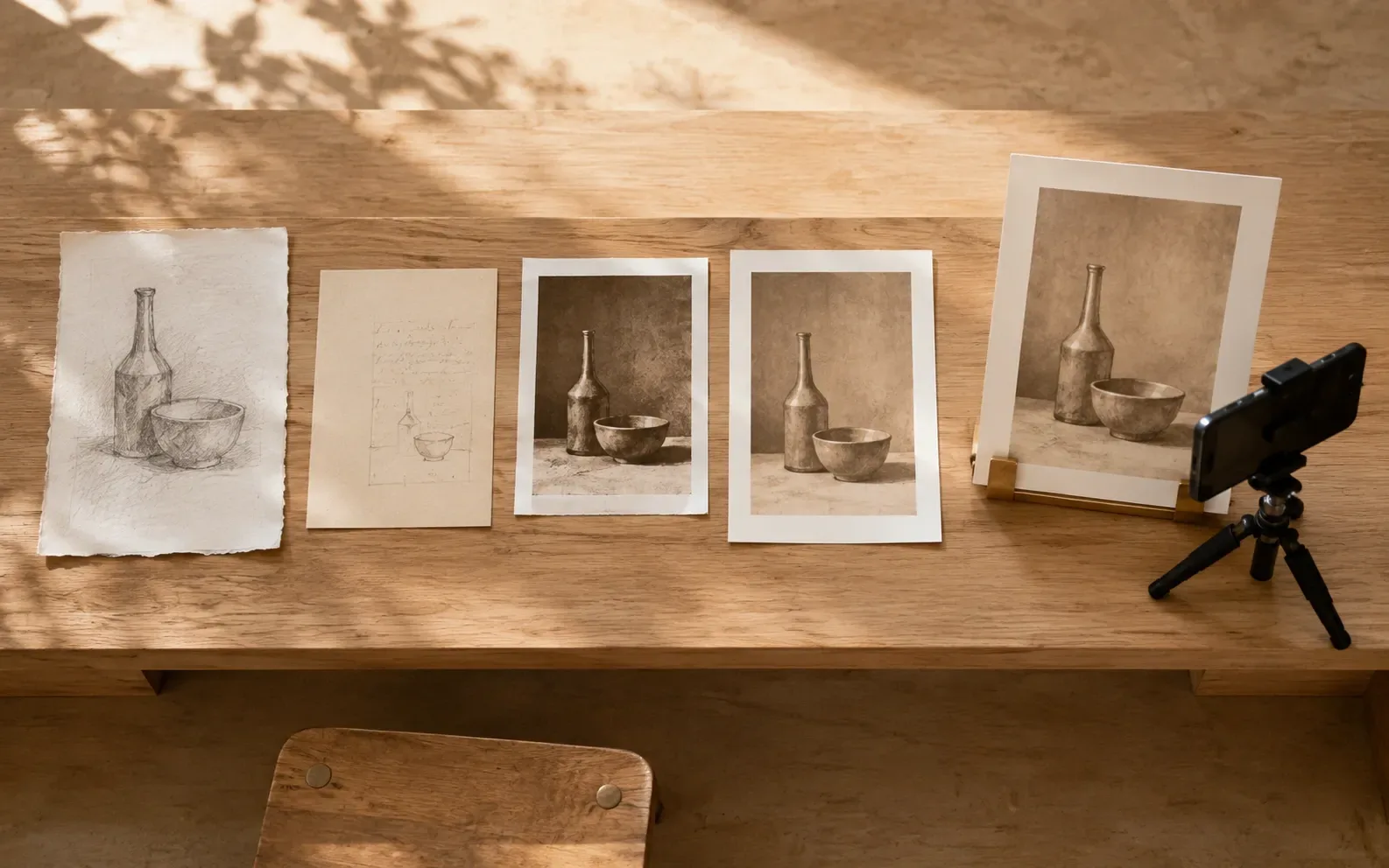 One subject worked through in stages along a bench: a rough sketch, a written note, a test print, the finished print, and a phone on a small tripod aimed at it.
