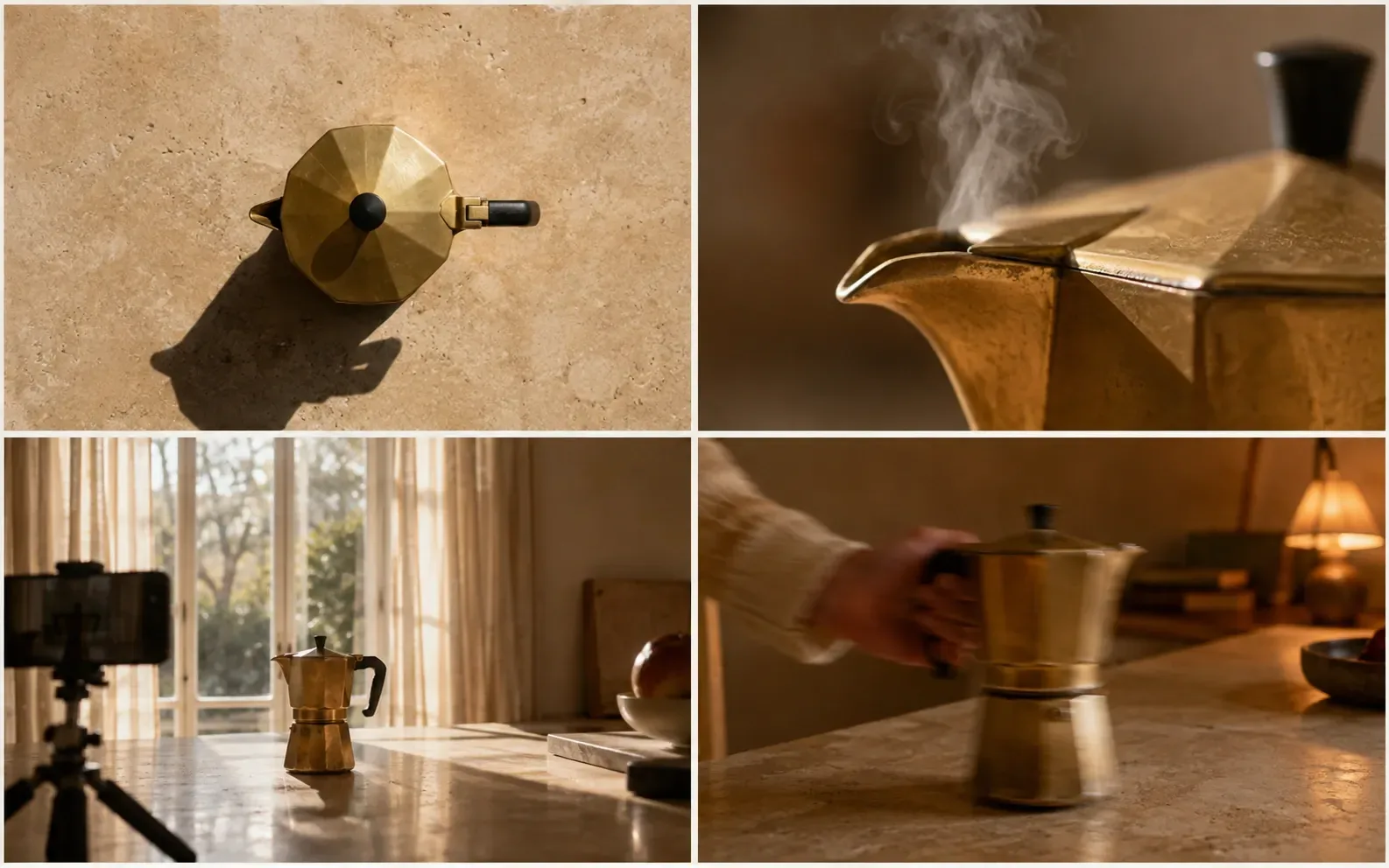 The same brass moka pot photographed four ways in a two by two grid: overhead, close on the steam, wide beside a window with a phone on a tripod, and being lifted by hand.