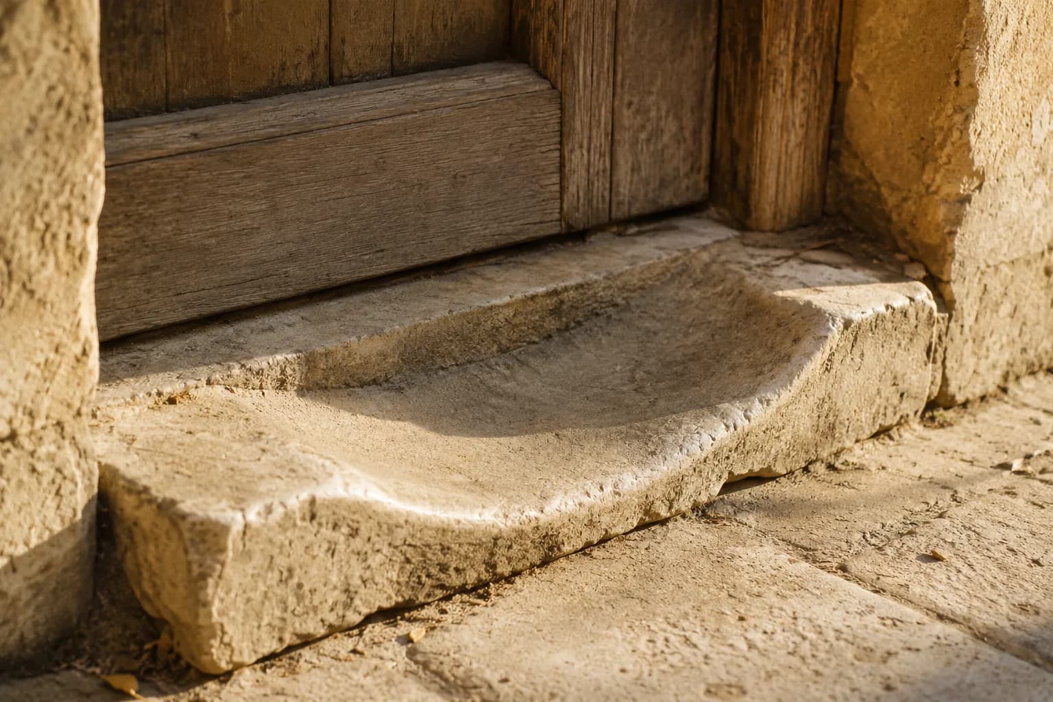 A pale limestone doorstep worn into a shallow smooth hollow by decades of feet, photographed low in raking afternoon light.
