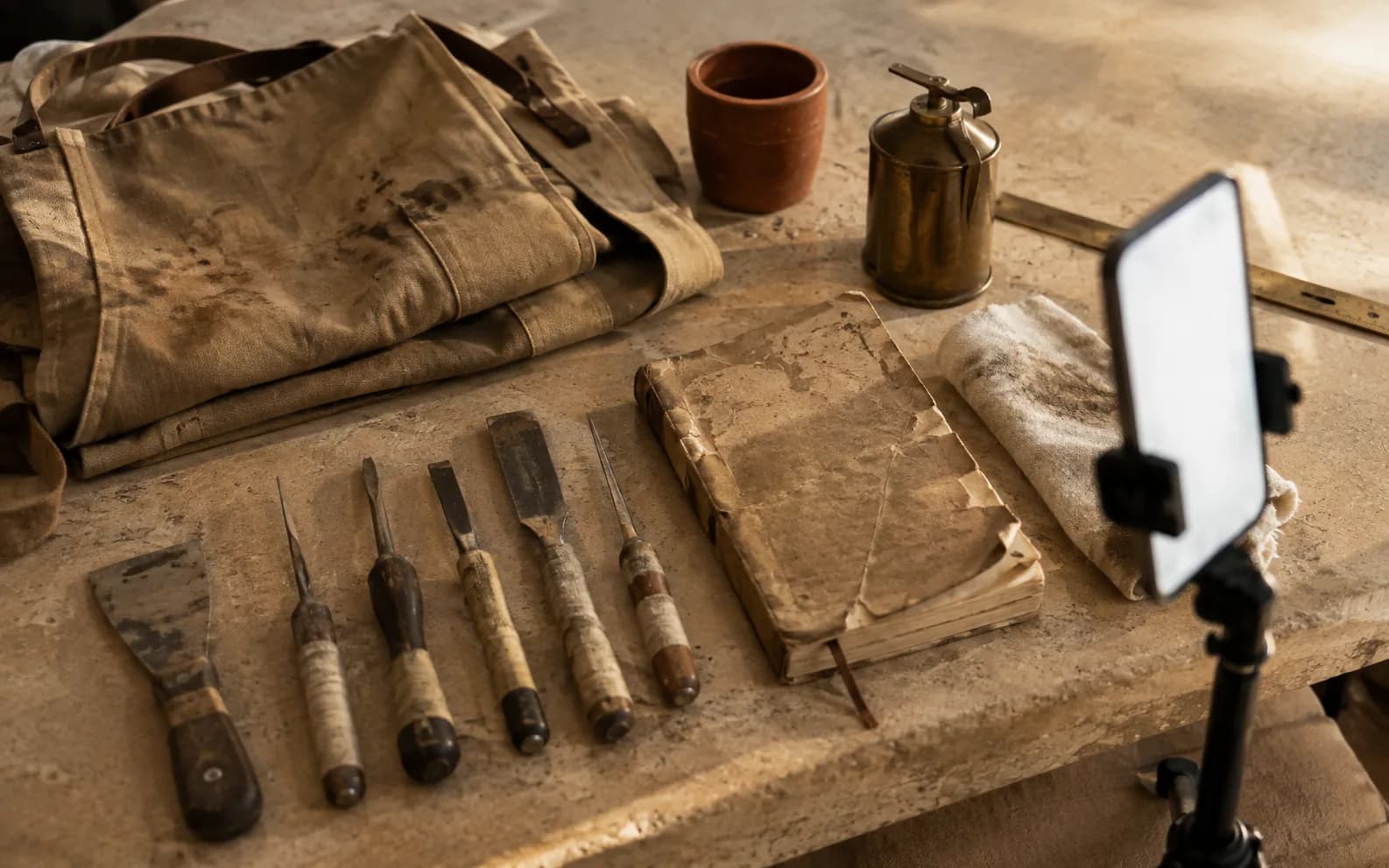 One person's own well used working tools laid out on a bench, a worn apron and taped handles among them, with a phone on a small tripod set up pointing at them.