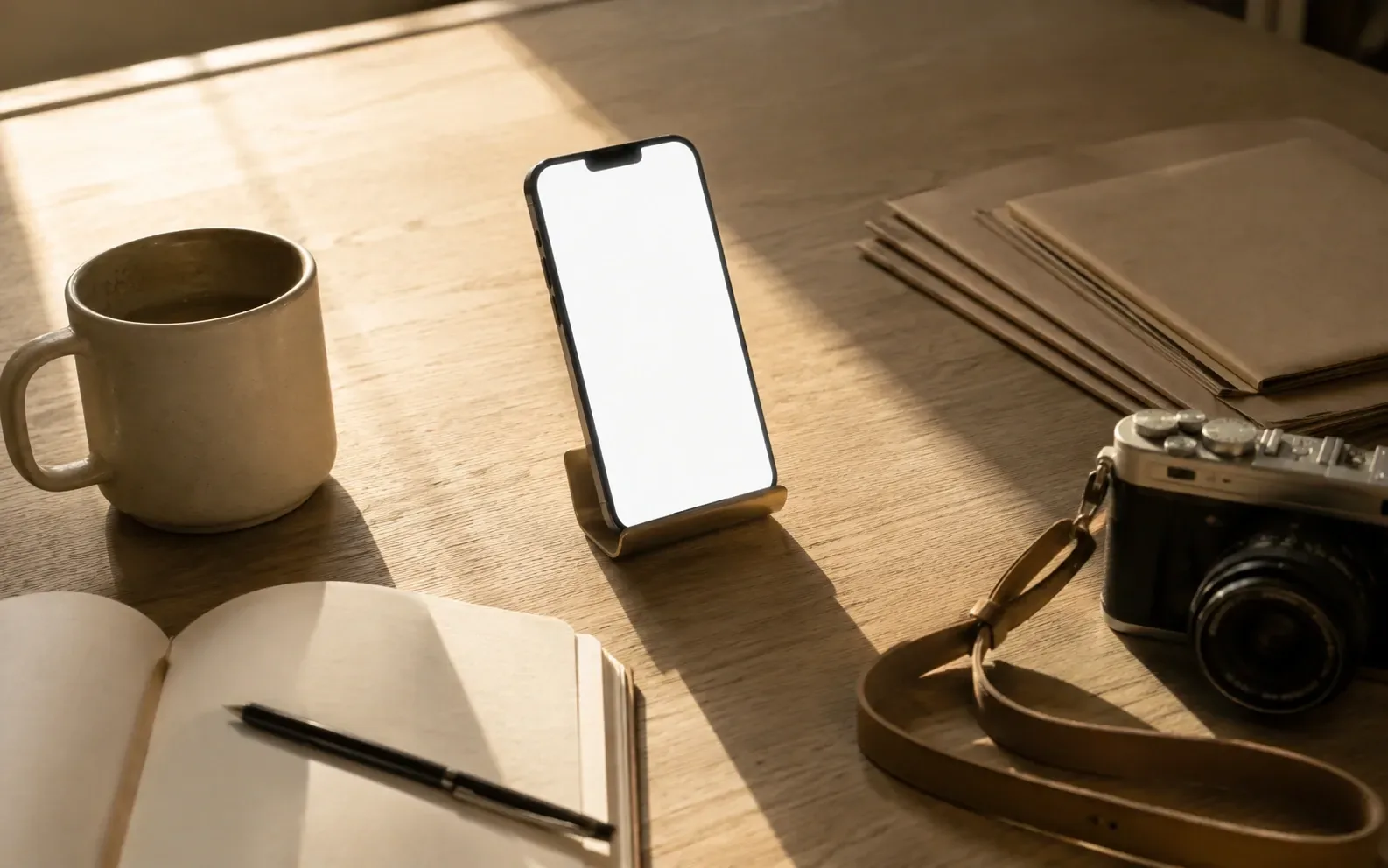 A phone standing in a small brass stand on a desk with its screen bright and empty, the work around it paused mid task.