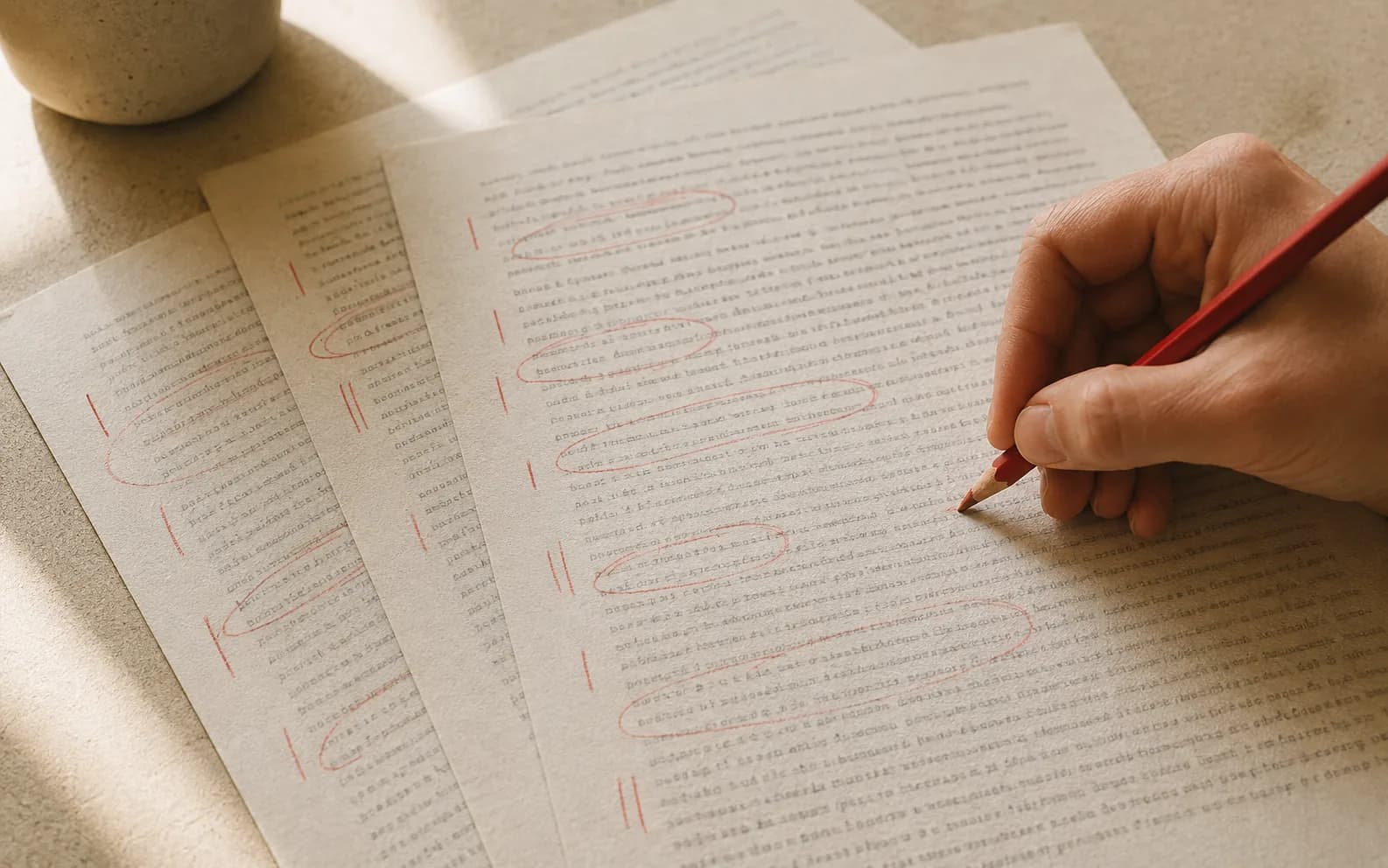 A printed sheet being marked up by hand with a red pencil, several passages circled and short strokes running down the margin.