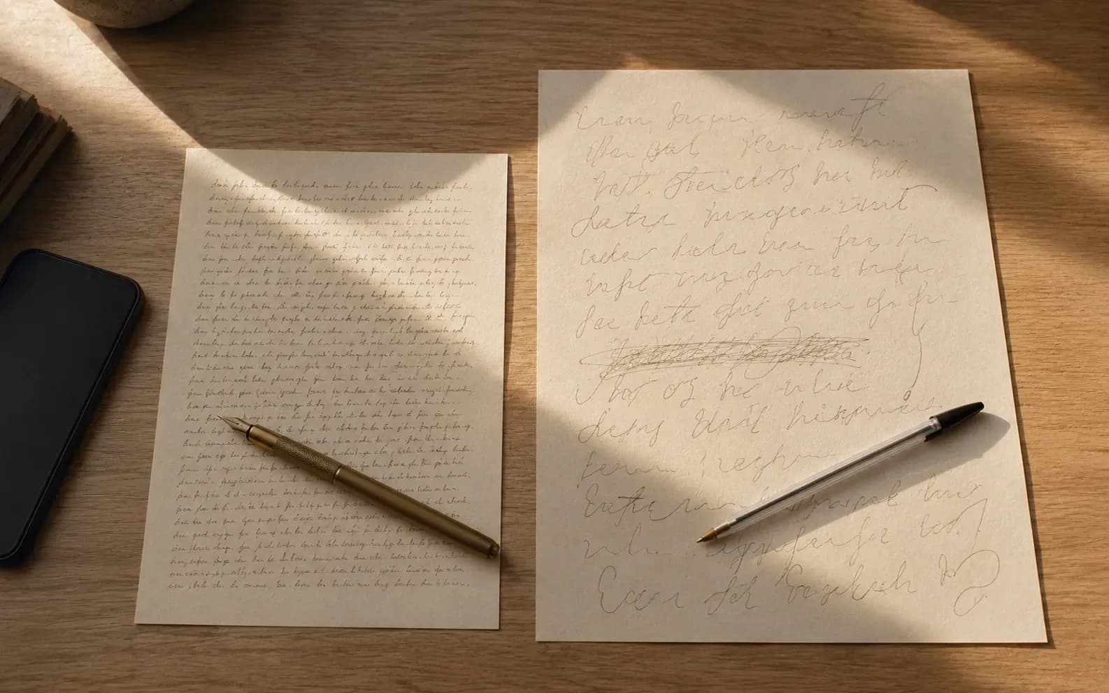 Two sheets of handwriting side by side, one small and tight, the other large and looping with a crossing out, a fountain pen on one and a cheap biro on the other.
