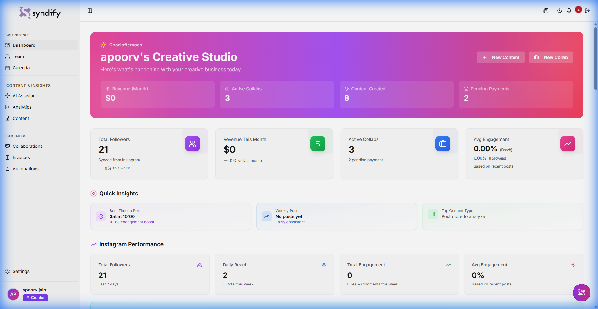 Synclify AI-Powered Instagram Dashboard for Creators, Brands and Agencies